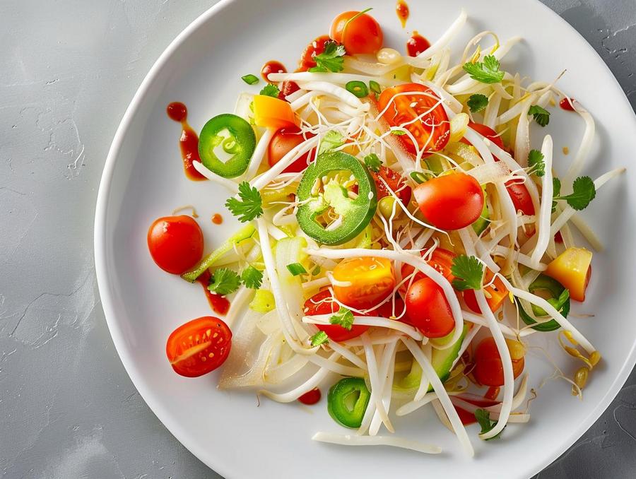 Alt text: A colorful bowl of spicy bean sprouts salad with vibrant ingredients.