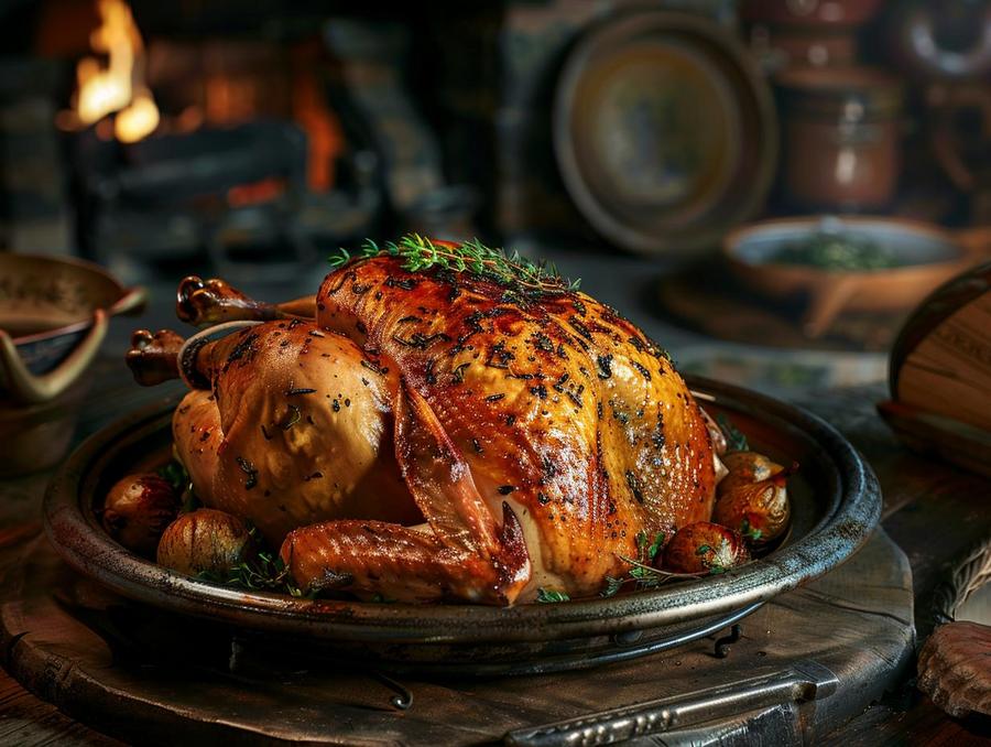 Alt text: "Deliciously roasted whole chicken, the perfect oven chicken dish, served on wooden platter."