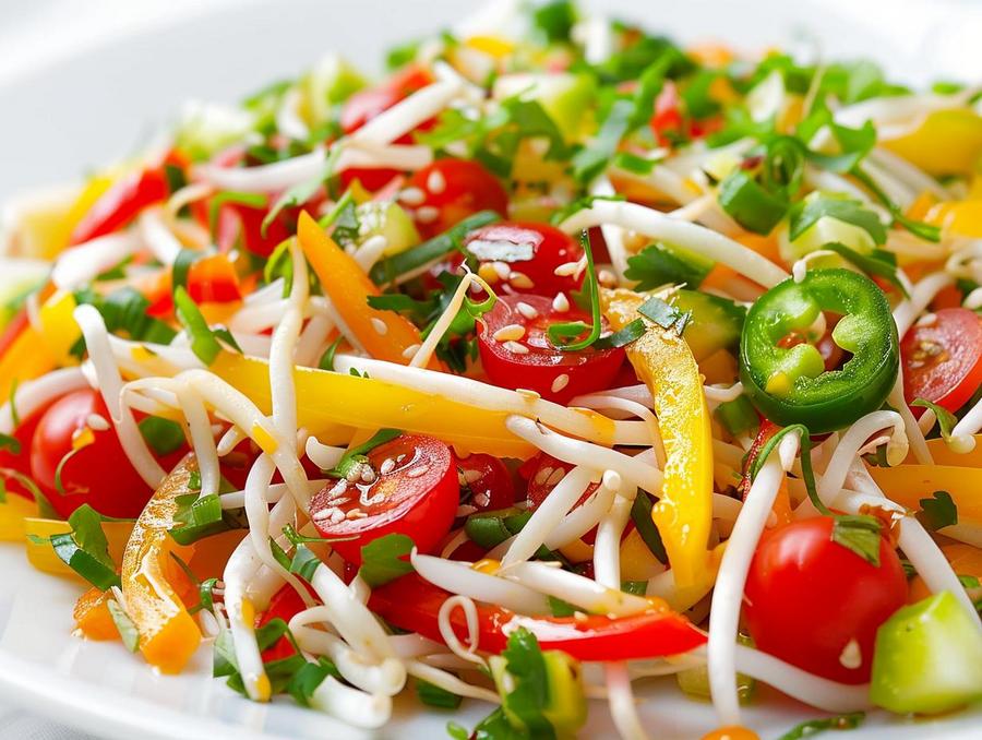 "Colorful salad bowl with spicy bean sprouts salad, various ingredient options."