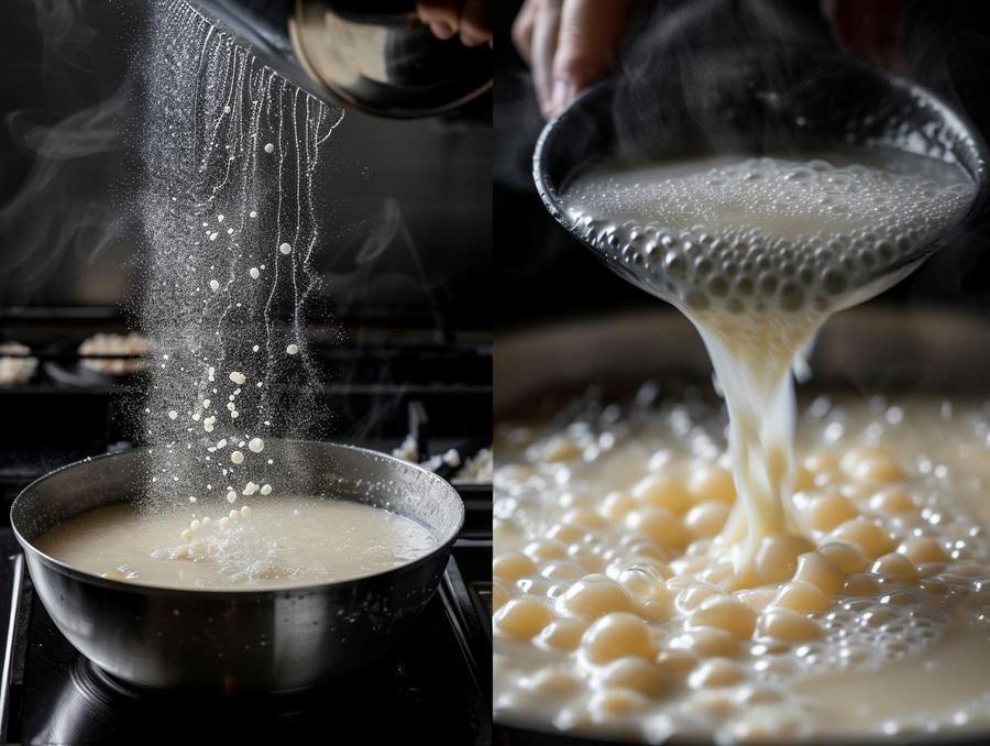 "Preparation stage: Adding tapioca pearls to coconut milk for coconut milk tapioca pudding."