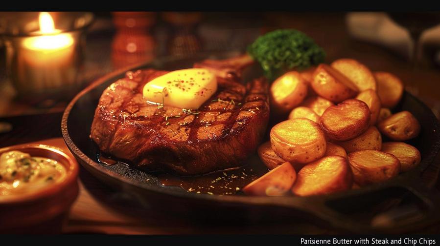 Alt text: Delicious Parisienne butter steak served with crispy chips, a classic French dish.