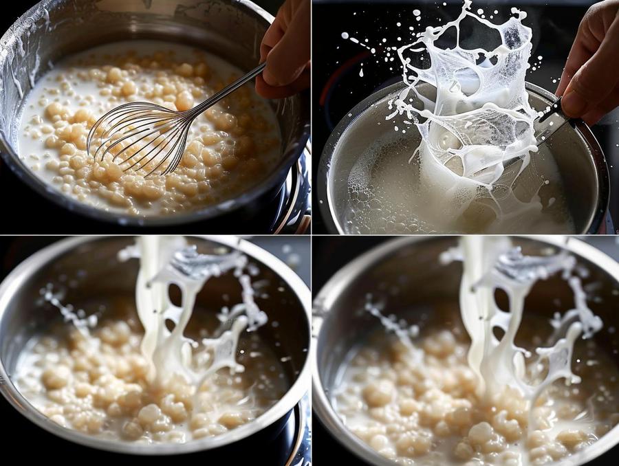 Alt text: A bowl of creamy coconut milk tapioca pudding being stirred slowly.