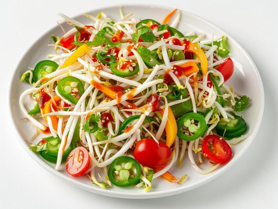 Alt text: Fresh ingredients for making a delicious spicy bean sprouts salad recipe.