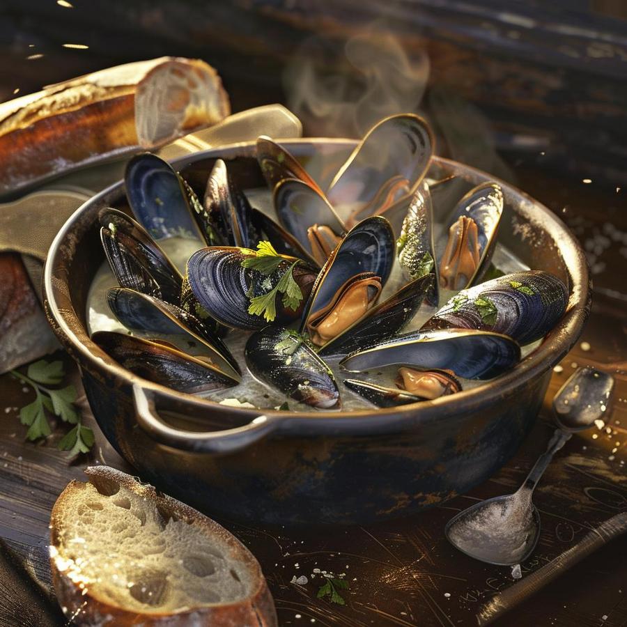 Alt text: Delicious mussels mariniere with cream and cider, ready to be enjoyed.