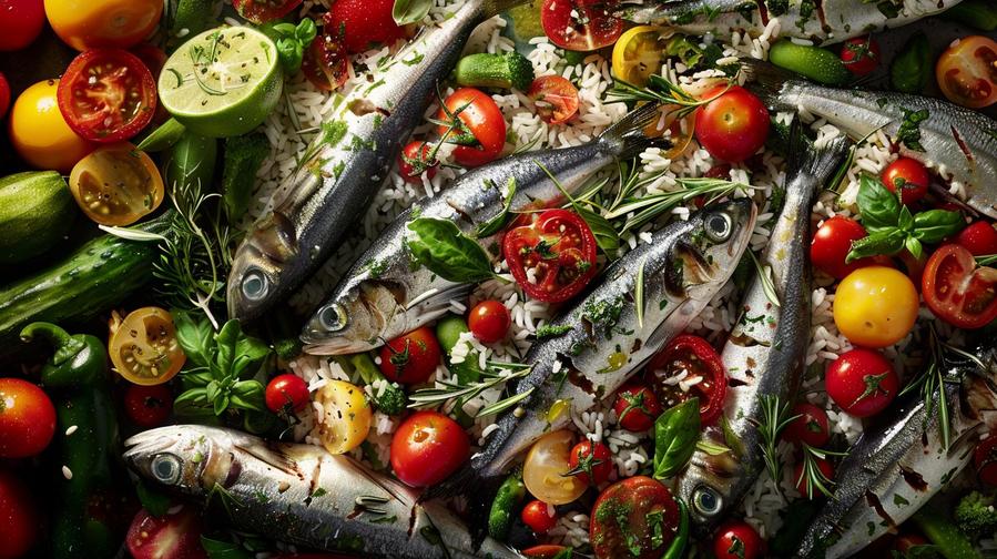 Alt text: Fresh ingredients for a delicious sardines and rice salad recipe.