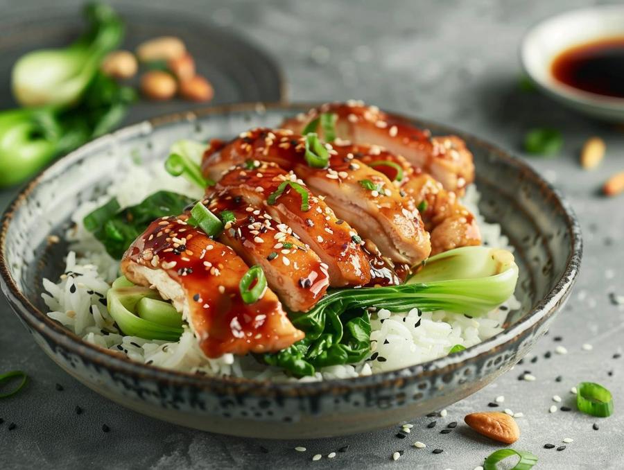 A plate of delicious teriyaki bok choy chicken with rice ingredients.