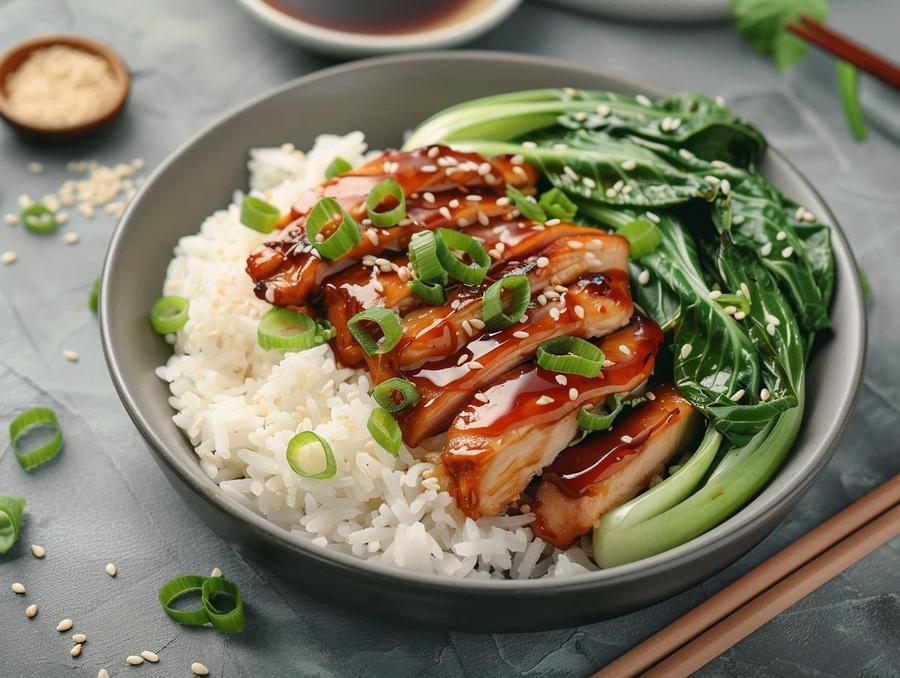 Alt text: A delicious plate of teriyaki chicken bok choy and rice.